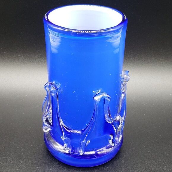 Murano Style Vintage Cobalt Blue White Cased Clear Rigaree Art Glass Vase - Picture 9 of 10